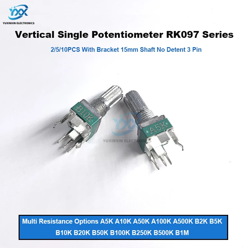 2/5/10PCS RK097 R097 Vertical Precision Potentiometer with Bracket 15mm Handle No Gear 3 Feet A/B10K 2K 5K 50K 100K 250K 1M
