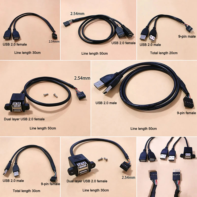 Motherboard 9-Pin to Dual USB 2.0 Female/Male Extension Cable 2.54mm Pin Header Connector for PC Case Front Panel 20cm/30cm/50cm