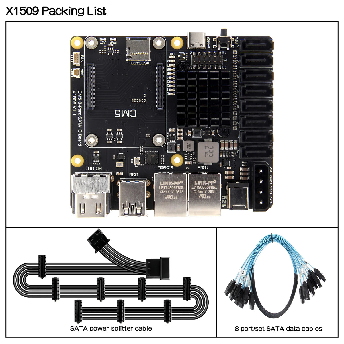 Geekbord X1509 2.5GbE Dual LAN 8-Port SATA PCIe 3.0 NAS Carrier Board for Raspberry Pi CM5