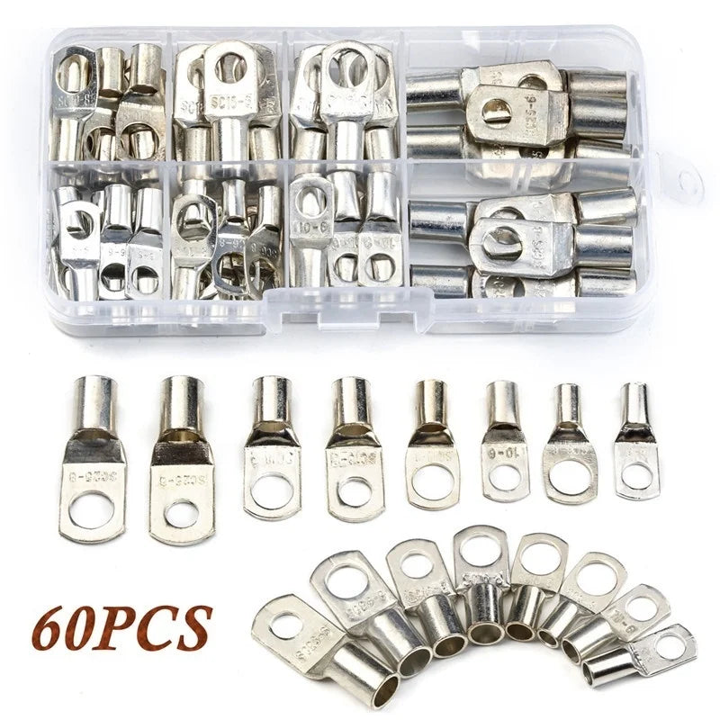 60pcs Assortment Car Auto Copper Ring Terminal Wire Crimp Connector Bare Cable Battery Terminals Soldered Connectors Kit HX-50B