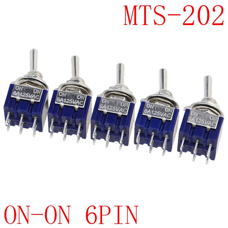 5Pcs ON-OFF-ON  ON-ON3 PIN/6PIN 2/3 Position Mini Latching Toggle Switch AC 125V/6A 250V/3A MTS-102 MTS-103 MTS-202 MTS-203
