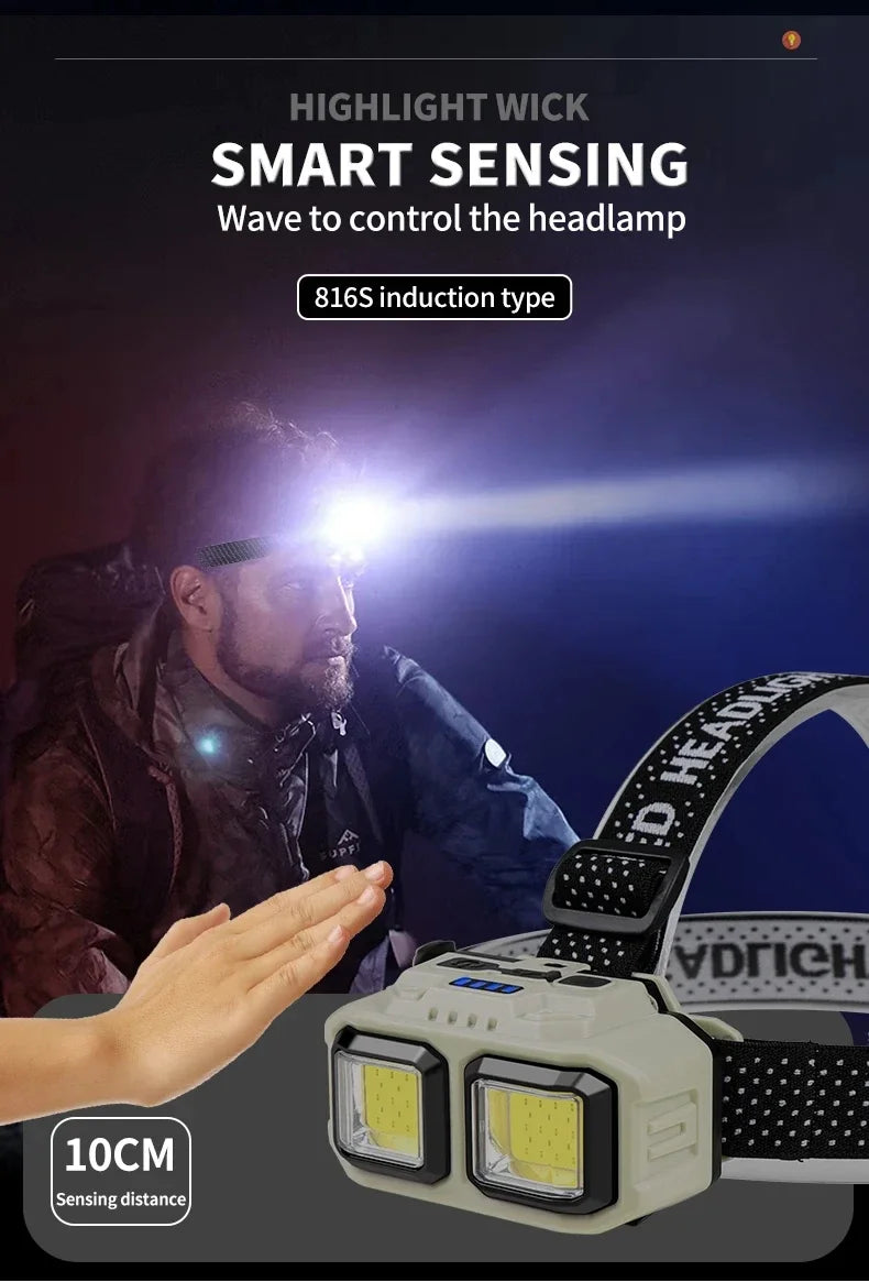 HOMEFISH COB LED Headlamp Induction USB Rechargeable Head Flashlight Powerful Work Light for Outdoors Camping Fishing