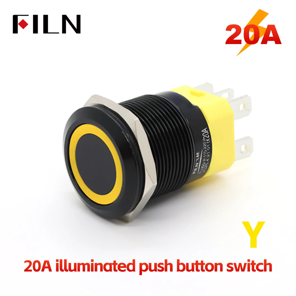 FILN 22mm 20A Stainless Steel Push Button Switch Waterproof IP66 High Current 12V/24V/110V/220V Auto Marine Industrial Control