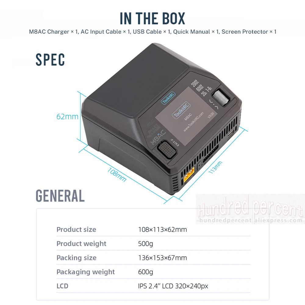 ToolkitRC M8AC Smart Lipo Battery Charger Discharger AC 200W DC 600W 20A for 1-8S LiHV Lipo Battery PD 65W FPV Model Parts Car