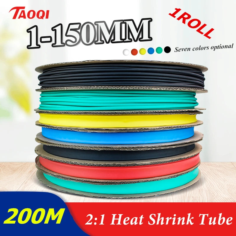 200 METER/Roll BLACK 1/2/2.5/3/4mm Heat Shrink Tubing Tube Kit Insulation Tubing Wire Cable