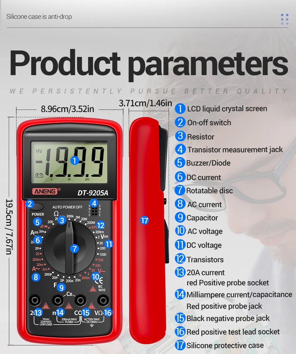 Profesional Digital Multimeter AC/DC Voltage Current Test ANENG Capacitance NCV Resistance Ohm Electrical Test Meter Tools