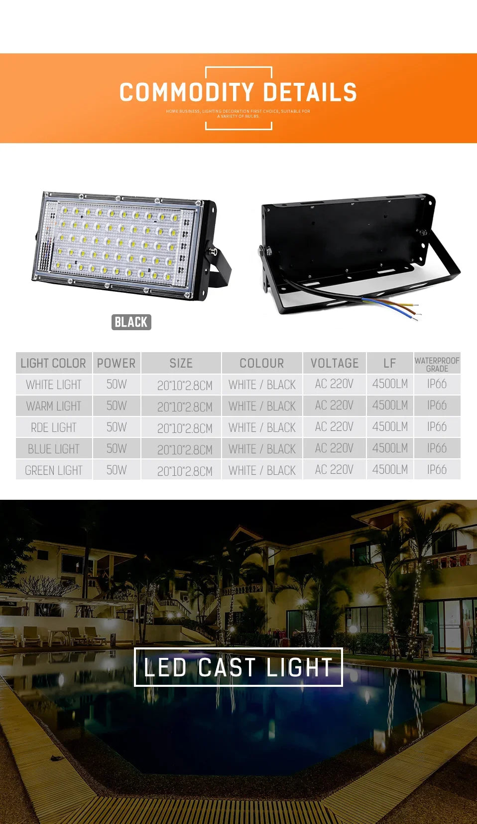 50W LED RGB Flood Light AC220V Outdoor Floodlight IP66 Waterproof Reflector Spotlight Red Green Blue 3 Color For Garden Lighting