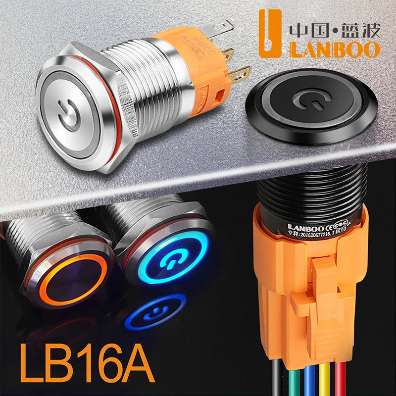 LANBOO LB16A Device Button Switch Chrome Plating/Aluminum Oxide Black/Optional 1NO1NC/5 Pin Latching/Momentary Optional