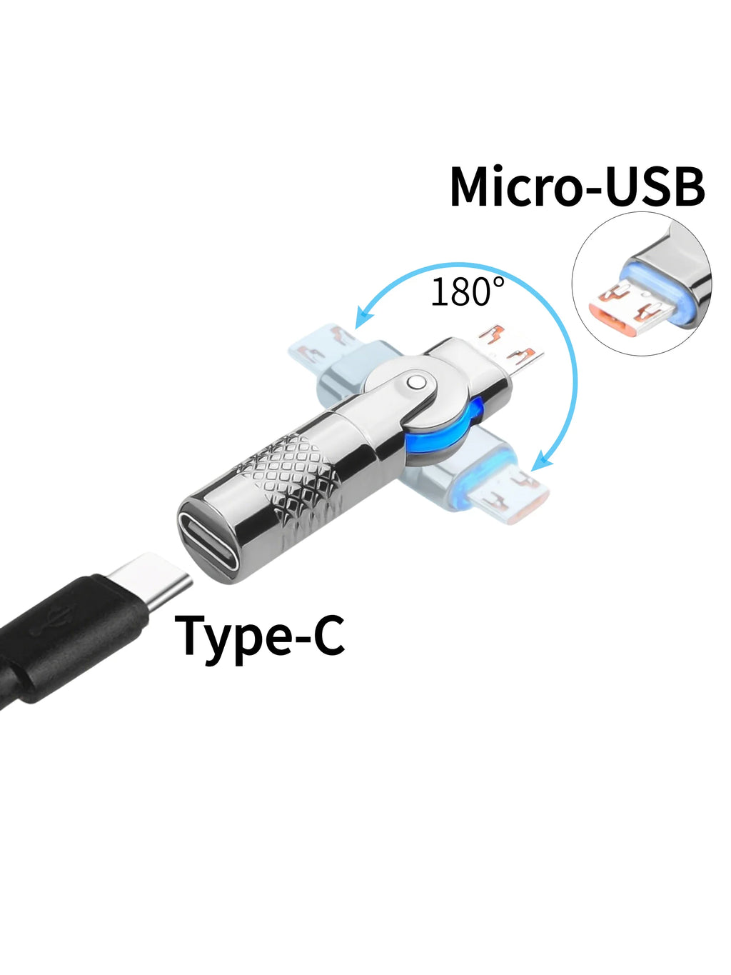 USB C to Micro USB 180° Rotating Charging Connector Type-C Female to Micro-USB Male Rotatable Adapter 5V 3A, 480Mpbs Transfer