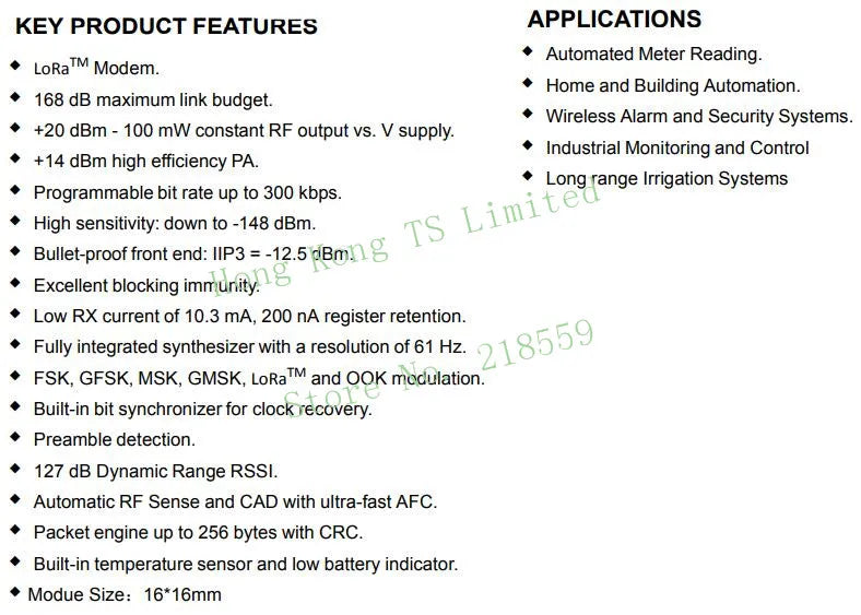 RFM95 20dBm 100mW 868Mhz 915Mhz DSSS spread spectrum wireless transceiver module SPI SX1278 SX1276 SMD lora module