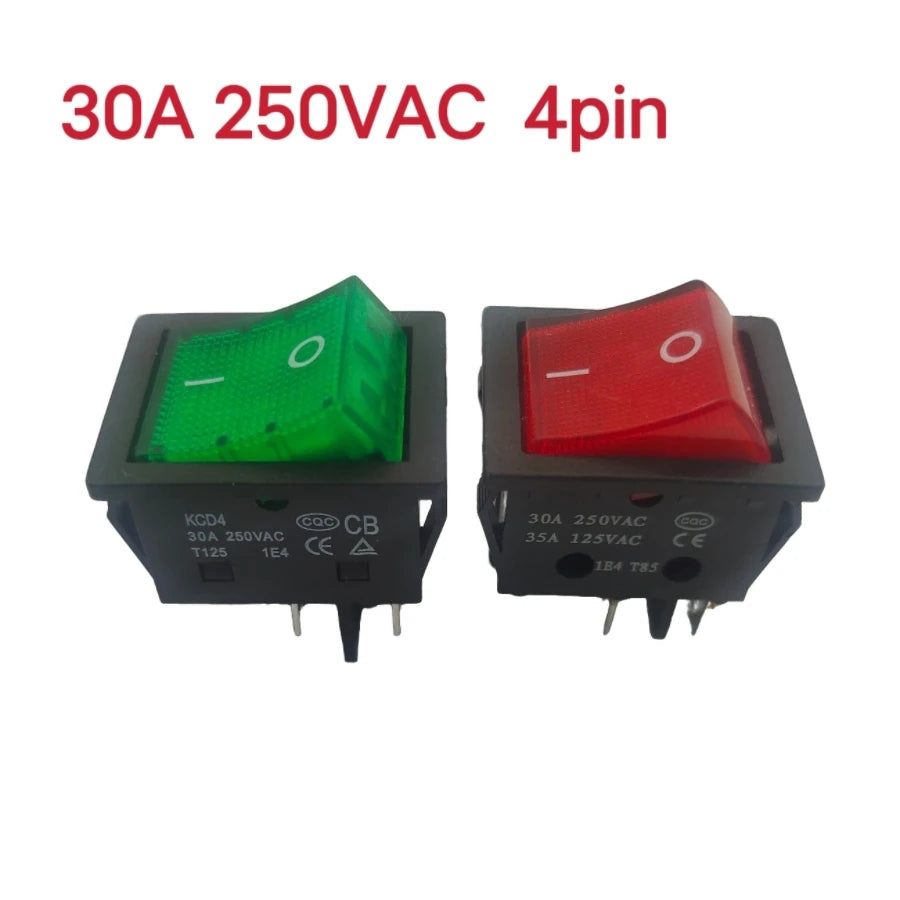5PCS 30A 250V Heavy Duty KCD4 Rocker Switch ON Off DPST 4 Pin With Red Lighted 220V Toggle Switch