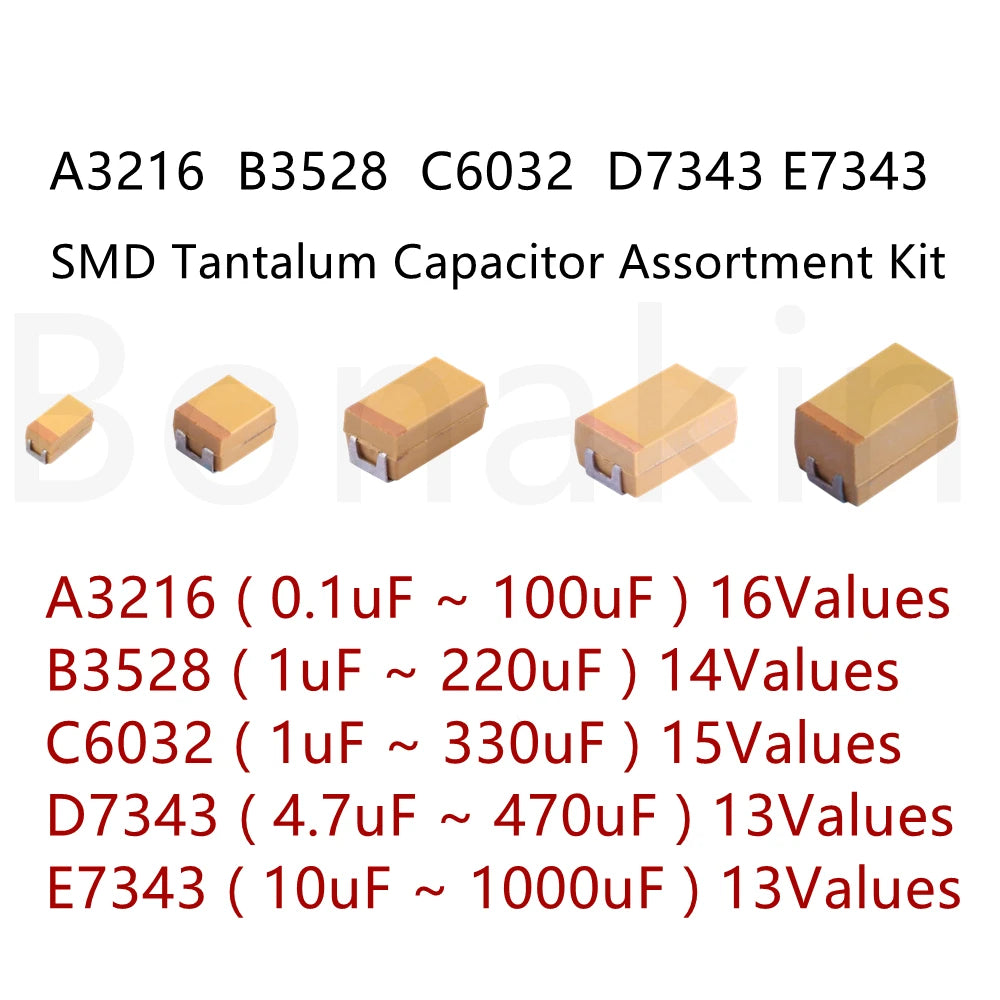 A B C D E 3216 3528 6032 7343 SMD Tantalum Capacitor Assortment Kit 1UF 2.2UF 4.7UF 10UF 22UF 33UF 47UF 100UF 220uF 330UF 470UF