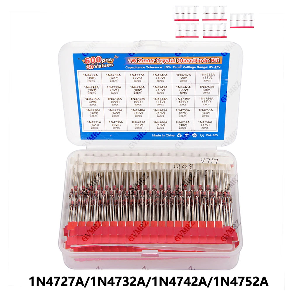 600PCS 30Values 1W Zener Diode Kit 3V-47V Box for Electronics Voltage Regulation Projects 7V5 10V 16V 18V 22V 27V 43V 36V 33V
