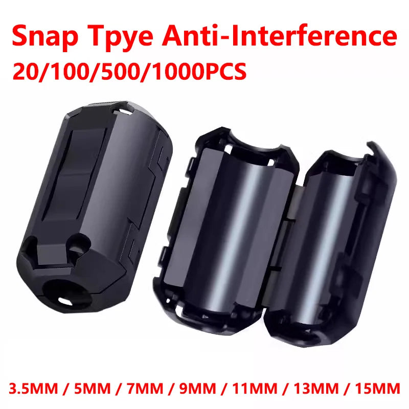 20PCS 3.5/5/7/9/13mm Ring Core Ferrite Bead Clamp Choke Coil EMI RFI Noise Filter Clip Snap Cable for Black Magnetic Snap-on