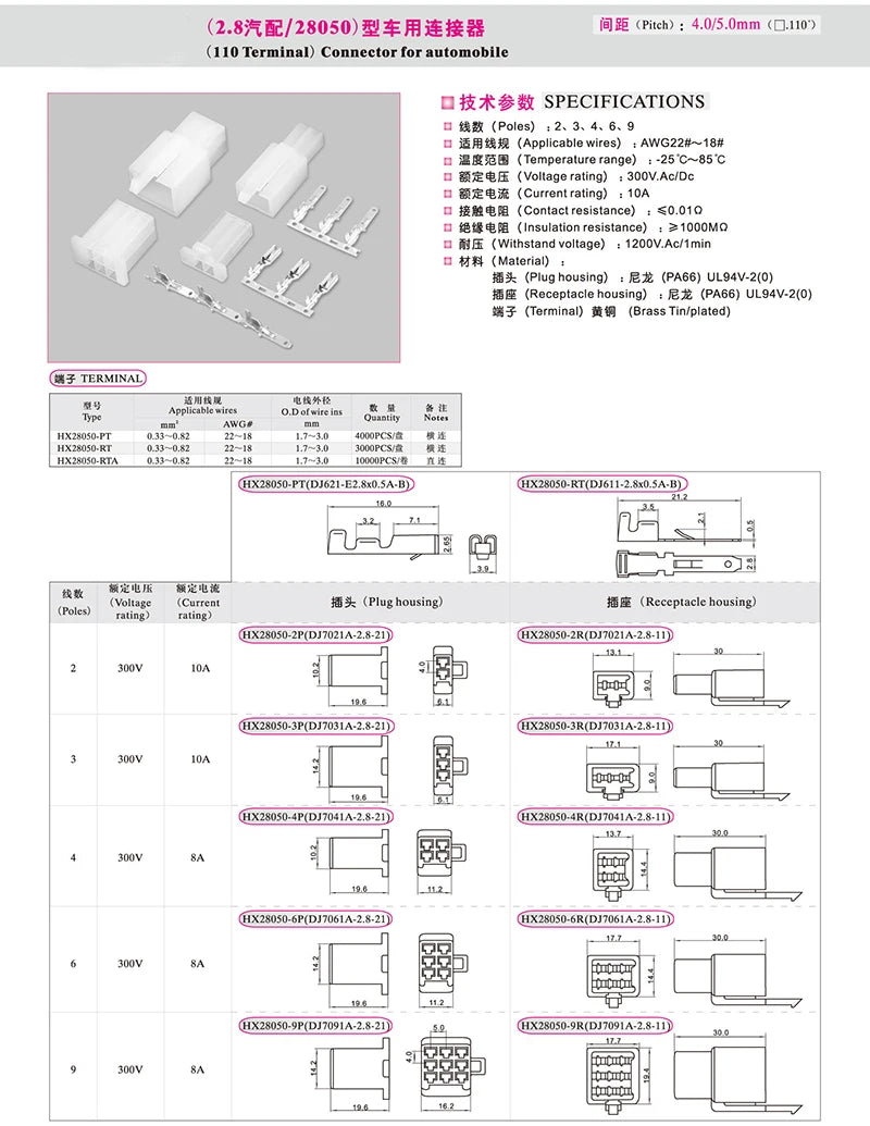 5pairs 2.8mm Automotive Controller Handle Motor Wire Connector 2/3/4/6/9P 15cm 0.75mm2 18AWG Automobile Male Female Plug Cable