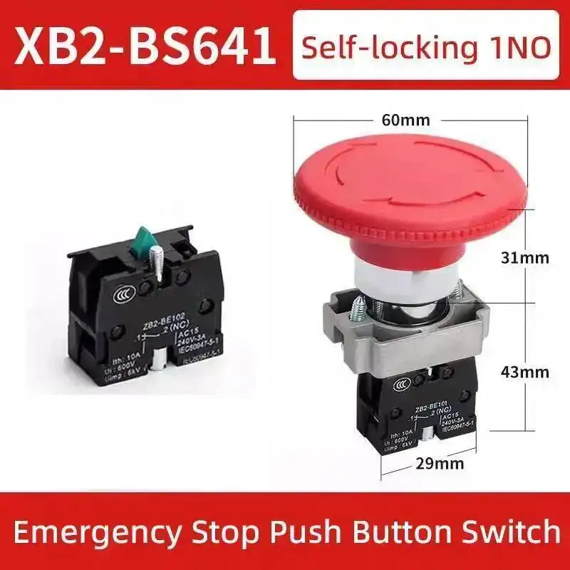 5pcs 22mm Mounting Emergency Stop Button Switch Self-locking XB2-BS545 Rotary Reset Mushroom Head NO NC Brass/Silver Contact