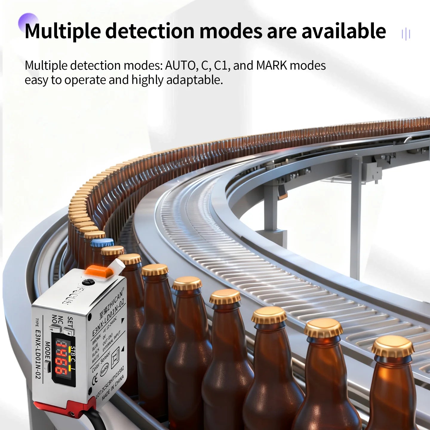 ZHICAN E3NX-L Color Mark Sensor 30-200mm Adjustable Sensing Distance High Precision Registration Detection Label Positioning