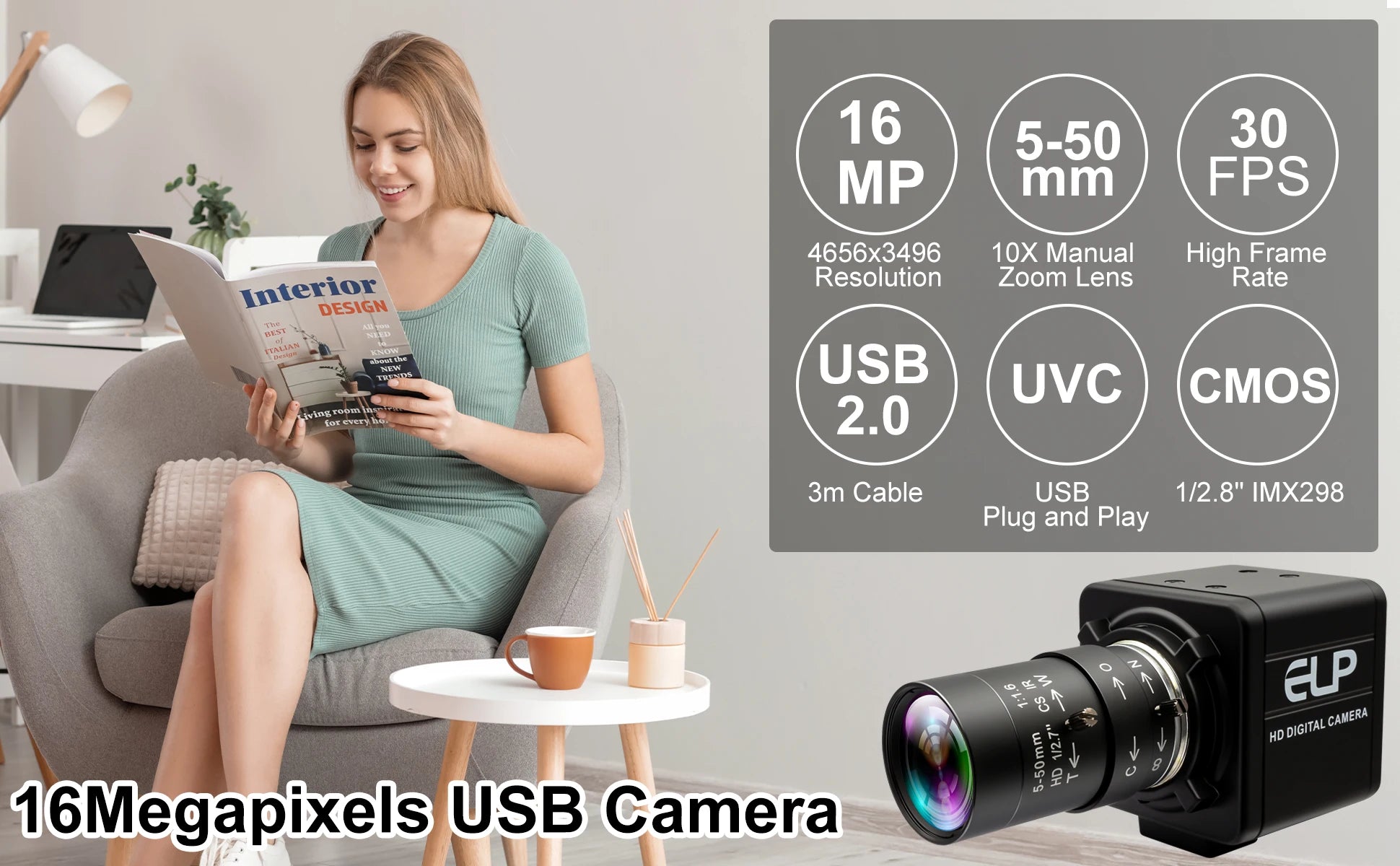 ELP USB Camera IMX298 UVC Mini USB Camera 16MP with 2.8-12mm CS Zoom Lens