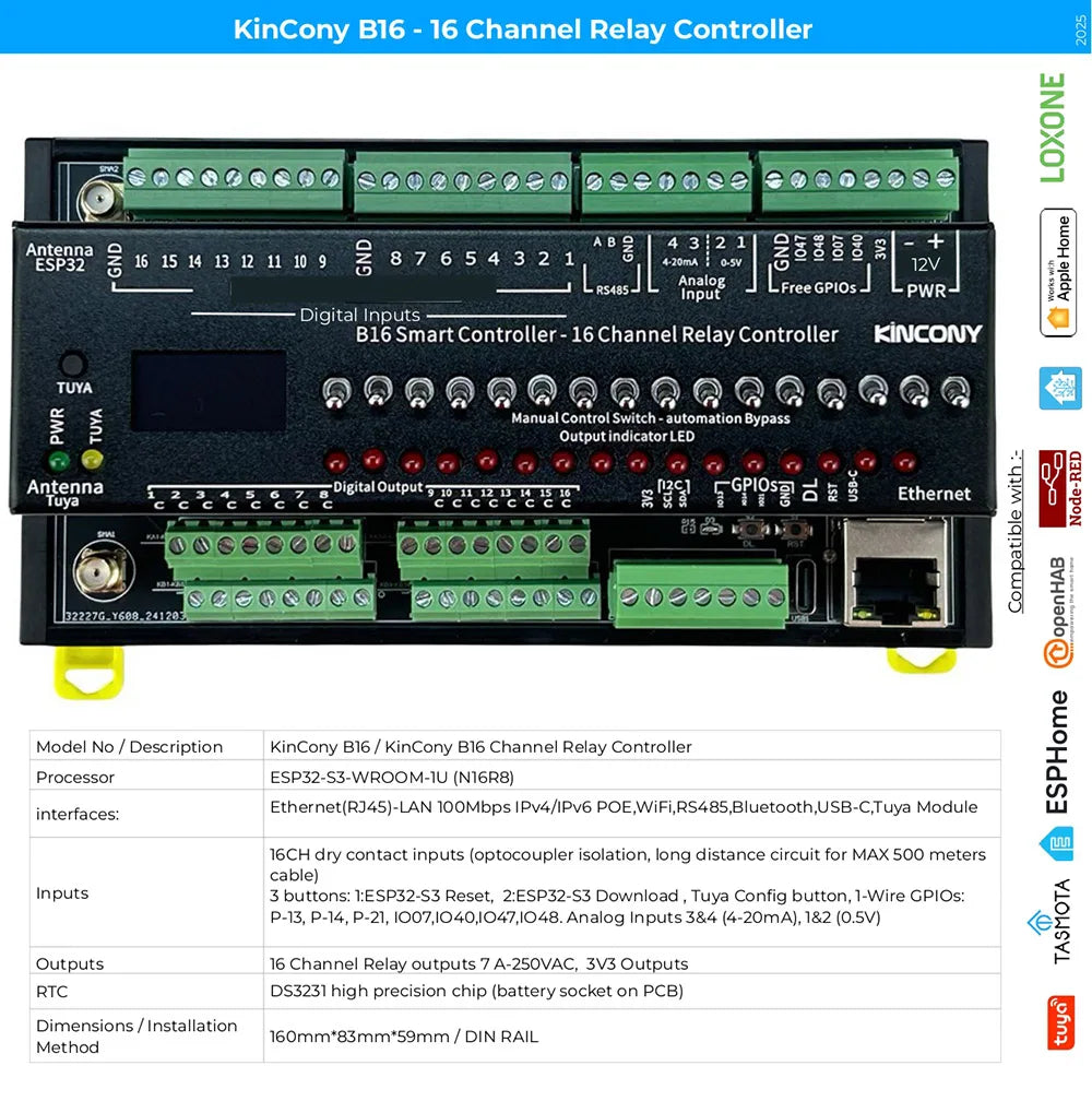 Kincony B16 ESP32-S3 Smart Controller 16CH Relay Output 7CH 1-Wire GPIOs 4CH ADS1115 Analog Input ESPHome Tasmota Tuya SD Card