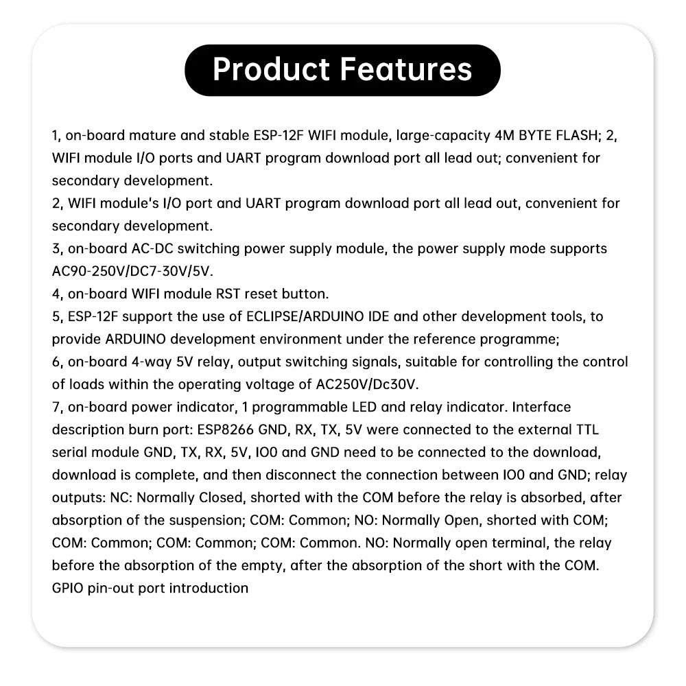 4 Channel ESP8266 Wireless WIFI Relay Module ESP-12F Development Board AC/DC 5V/7-28V/5-80V E-WeLink APP Remote Control