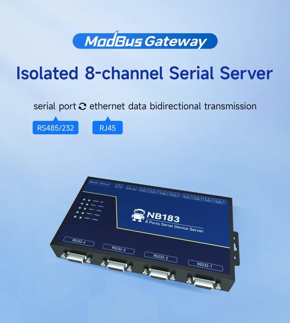 Modbus Gateway RS485 RS232 to RJ45 Serial Server Ethernet Transparent Transmission NB183S TCP UDP MQTT HTTP Watchdog