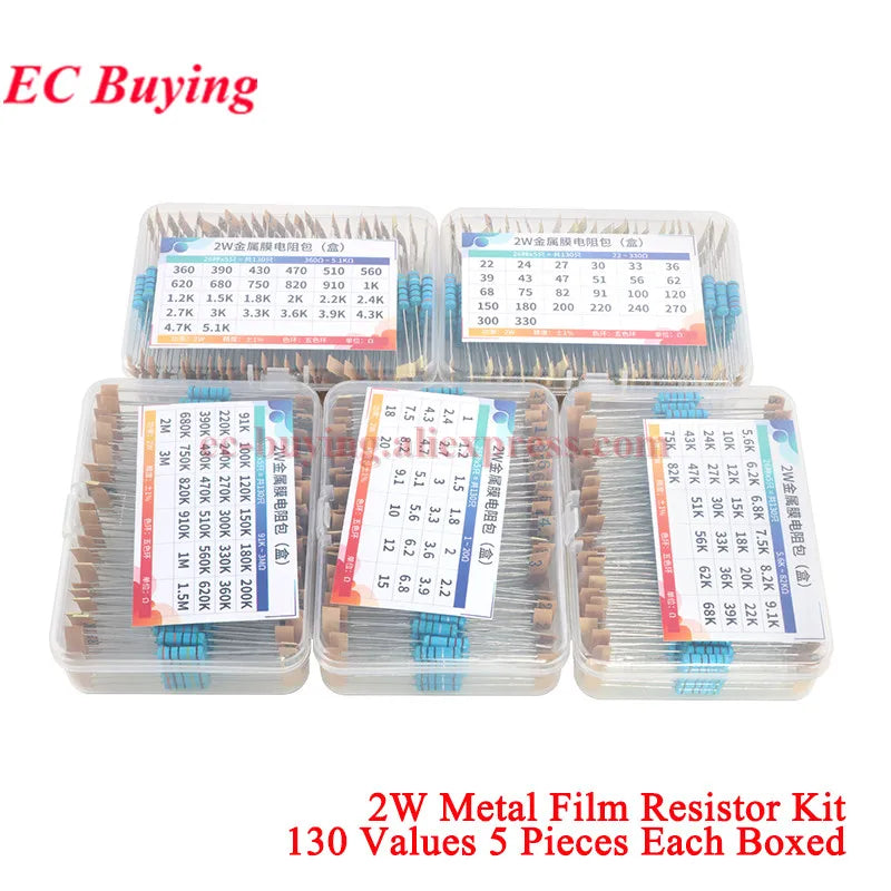 2600Pcs/150pcs 1/4W 1/2W 1W 2W 3W 5W Metal Film Resistor Assortment Kit 1% 0.25W 0.5W Resistance Set Electronic Components Kits