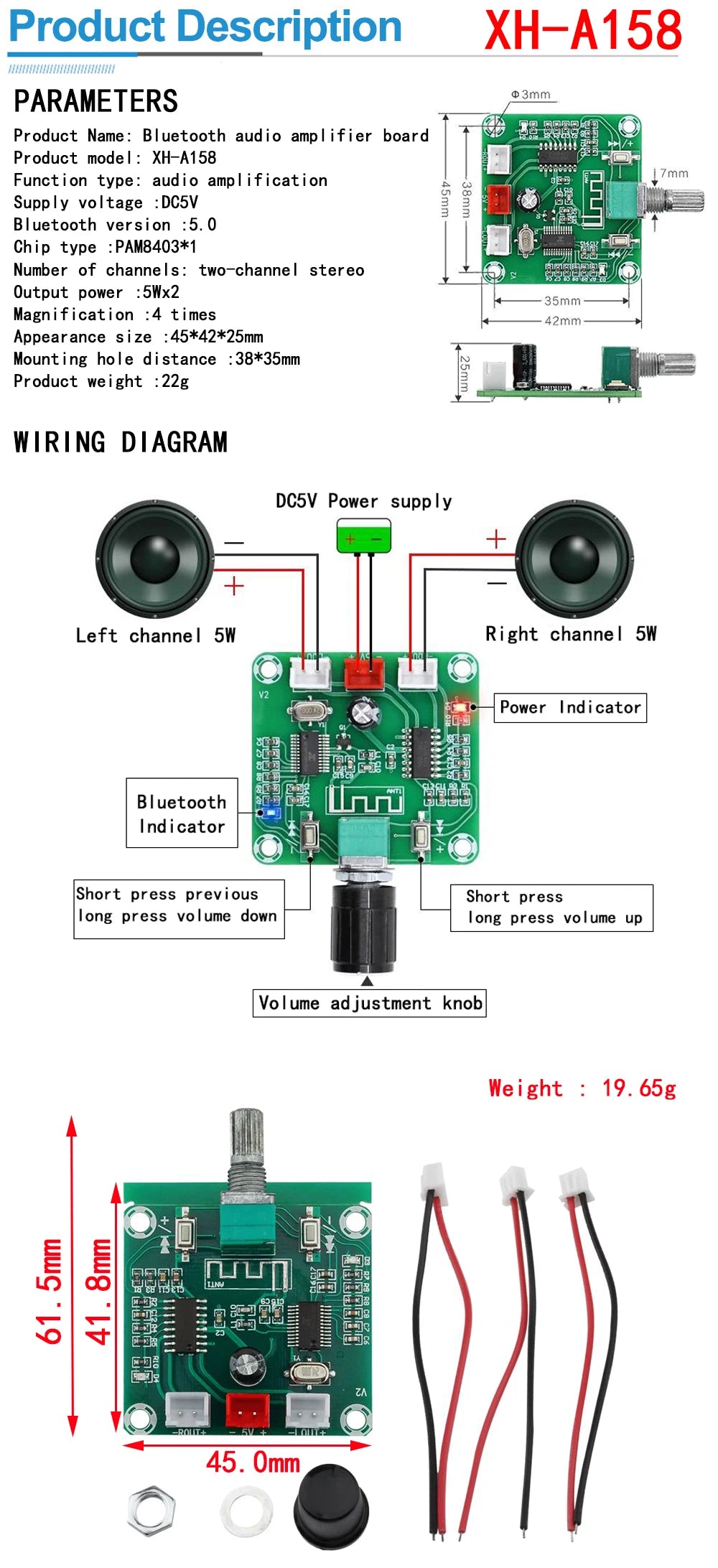 Bluetooth 5.0 PAM8403 MINI Digital Amplifier Board 2 * 3W Class D Digital DC 2.5V To 5V Power Speaker Module With Potentionmeter