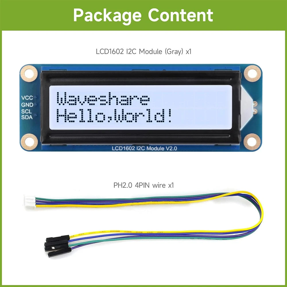 Waveshare LCD1602 I2C LCD Module 16x2 Character 3.3V/5V Backlight Adjustable for Arduino Raspberry Pi  5 Pico ESP32 Jetson Nano
