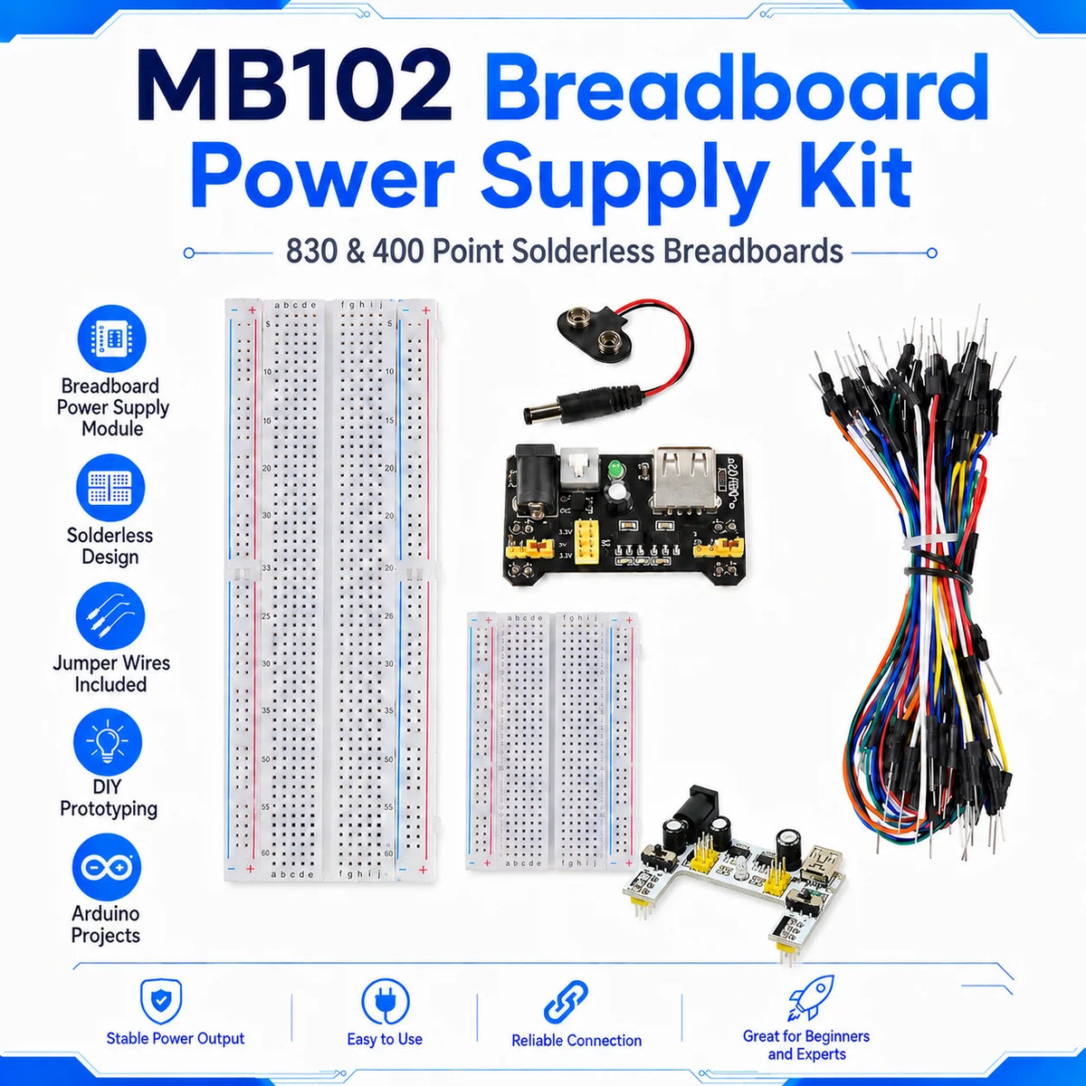 MB102 Breadboard Power Supply Module + MB-102 830/400 Points Solderless Breadboard Kit with 65 Flexible Jumper Wires 3.3V/5V