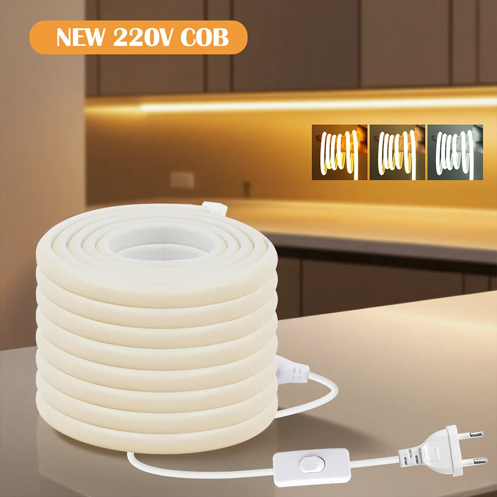 220V Dimmable COB LED Neon Strip Light With Switch/Dimmer EU Power Kit 288Led/M Waterproof 3000K 4000K 6000K Flexible Lamp Decor
