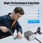 Hot Air Rework Station, 1000W Digital Heat Soldering Rework Station with Adjustable 100℃~500℃ Heat Gun& 3PCS Air Nozzles