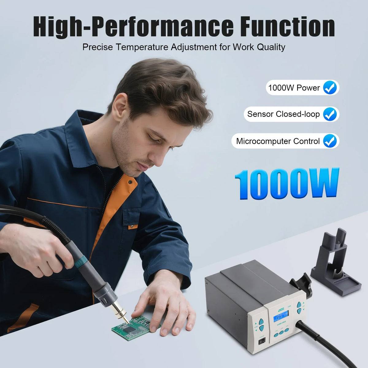 Hot Air Rework Station, 1000W Digital Heat Soldering Rework Station with Adjustable 100℃~500℃ Heat Gun& 3PCS Air Nozzles