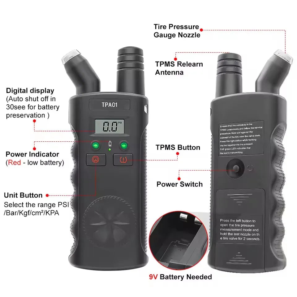 TPA01 TPMS Relearn Tool Digital Tire Pressure Gauge 2 in 1 Auto Tire Pressure Sensor Reset Tool for Vehicle TPMS System