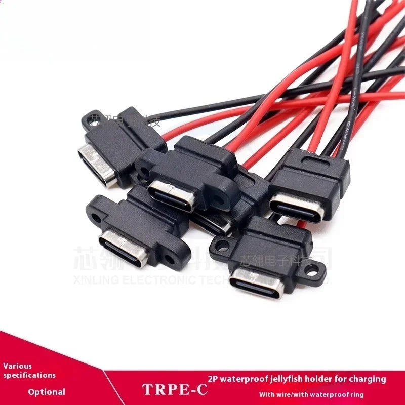 2/10/50pcs USB Type-C Welded Female Socket 2P Charging Female with Cable Waterproof TYPE-C Female Head DIY with Mounting Hole