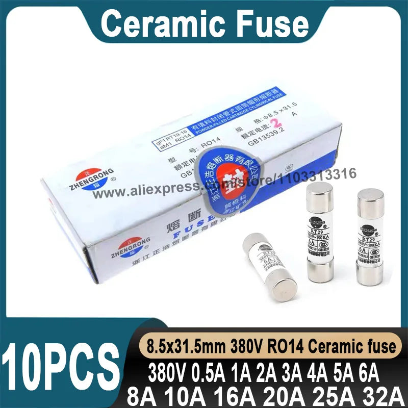 10PCS Ceramic Fuse Tube 8.5*31.5MM Ceramic Fuse 380V 0.5A 1A 2A 3A 4A 5A 6A 8A 10A 16A 20A 32A Ceramic Fuse RO14