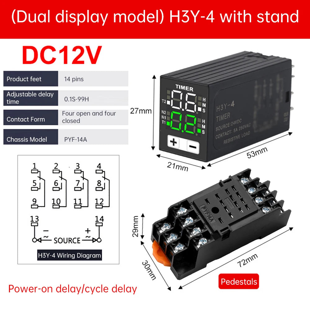 H3Y-4 AC 220V DC 12V DC 24V Time Relay Cycle Time Control Delayer power on delay device Digital Display With Base Power Supply