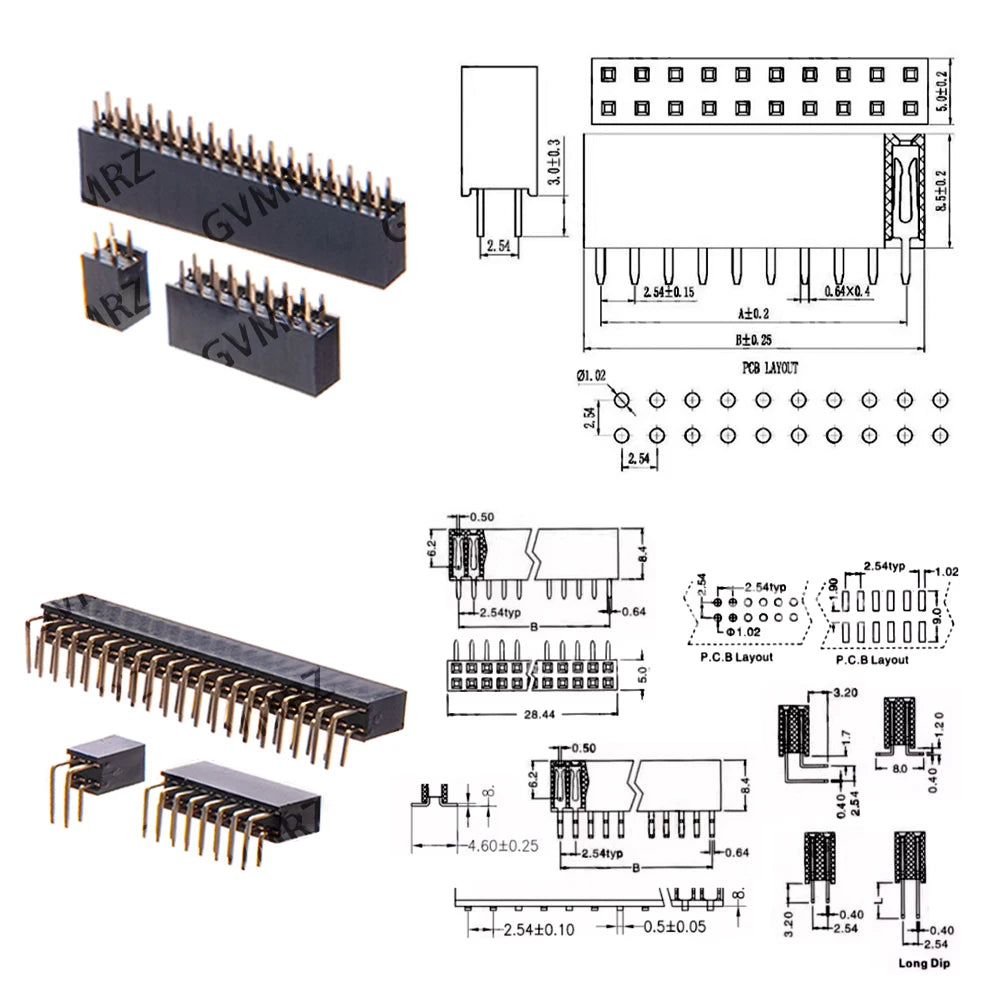2.54mm 2x2/2x20/2x18/2x16/2x15 Double Row Female 2~40P PCB Board bend/Straight angle Pin Header socket Connector Pinheader