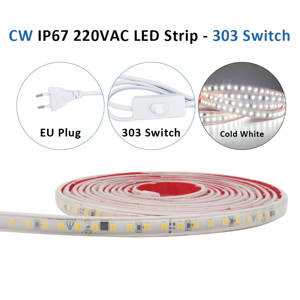 AC 220V 230V 2835 LED Strip Light Waterproof IP67 120LEDs/m Flexible Tape Lamp Warm Cold White 1M 2M 3M 5M 10M 20M Home Lighting
