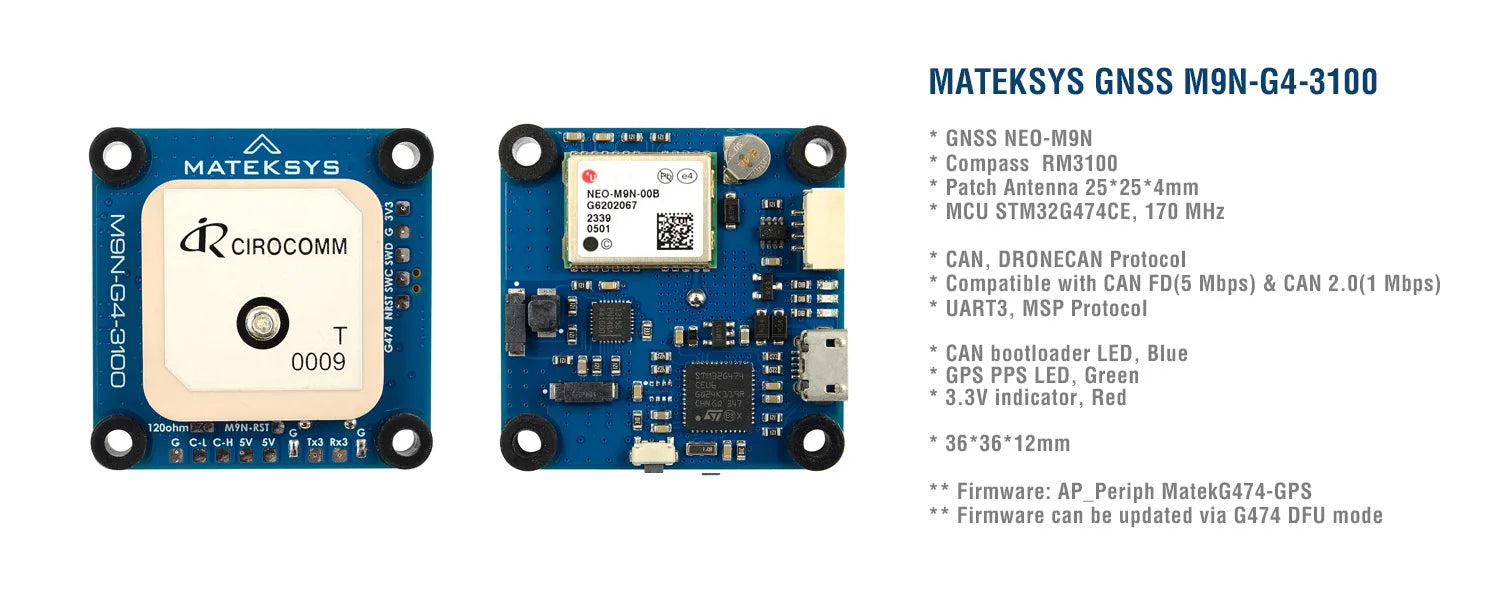 Mateksys M9N‑G4‑3100 CAN GNSS Module NEO‑M9N RM3100 Compass DroneCAN & UART_MSP Positioning Unit for FPV Quad