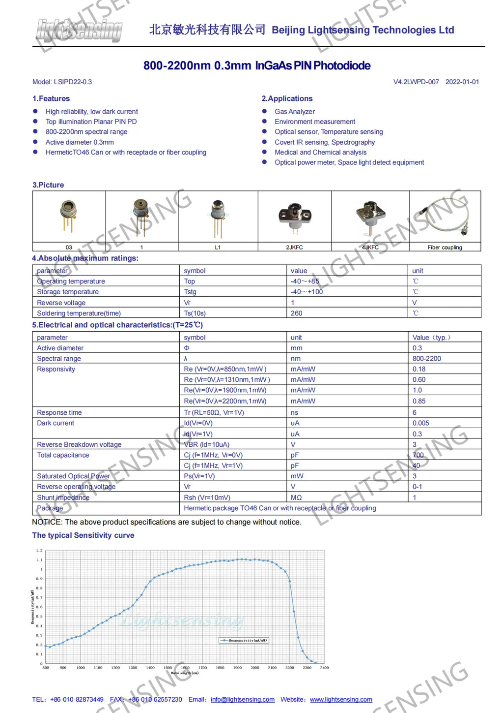 LSIPD22 High Sensitivity Photodiode 800-2200nm Infrared Photodetector Module