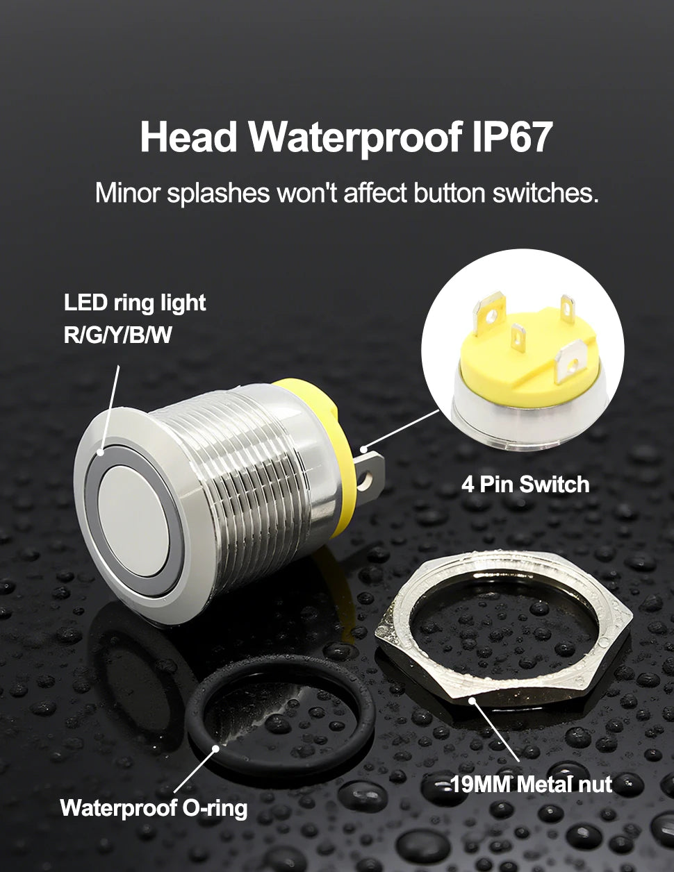 FILN 22mm 20A Metal Push Button Switch with Wire Harness Connector IP67 Waterproof LED Ring Light High Current Switch 12V 220V