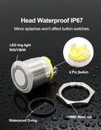 FILN 22mm 20A Metal Push Button Switch with Wire Harness Connector IP67 Waterproof LED Ring Light High Current Switch 12V 220V