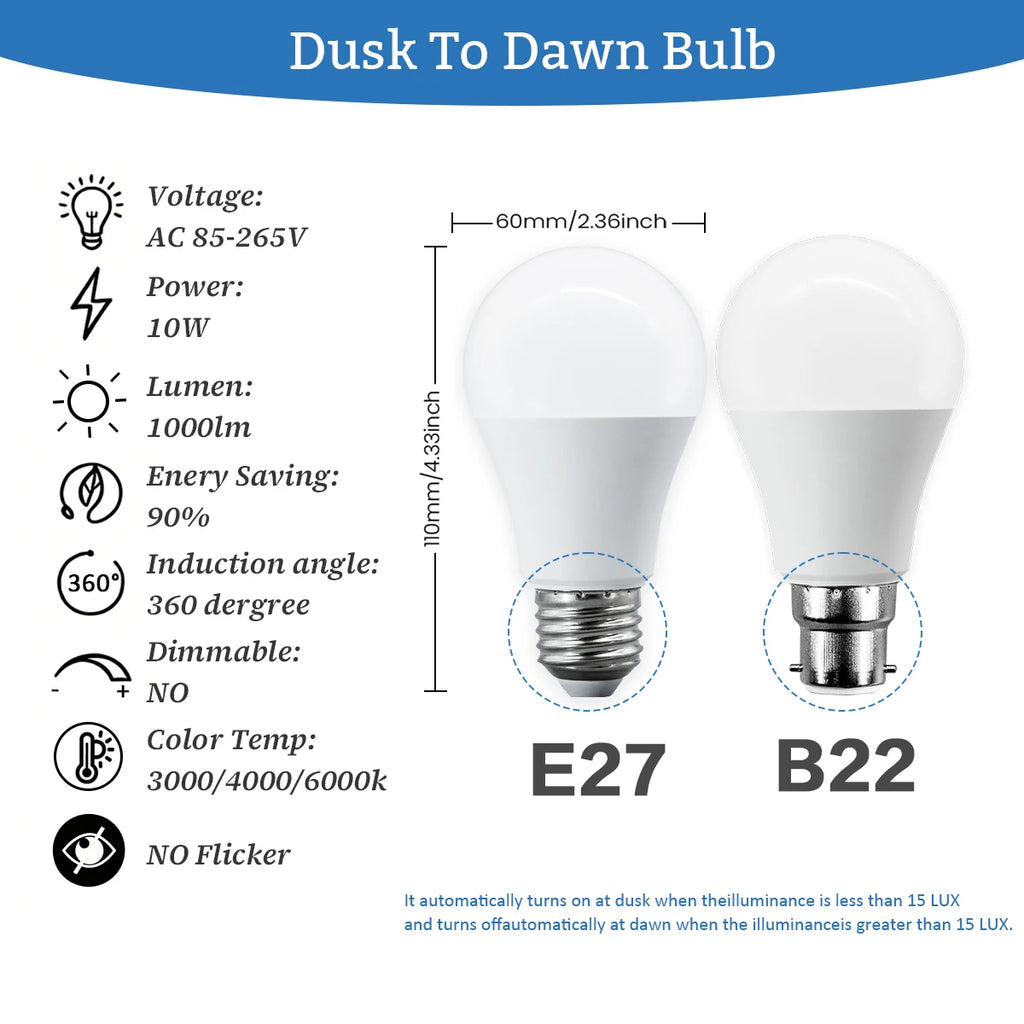2Pack Led Sensor Control Bulb B22 E27  Bulb Light Dusk To Down AC100-240V 1000lm 10W 3000K-6000K for Underground Garage Corridor