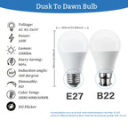 2Pack Led Sensor Control Bulb B22 E27  Bulb Light Dusk To Down AC100-240V 1000lm 10W 3000K-6000K for Underground Garage Corridor