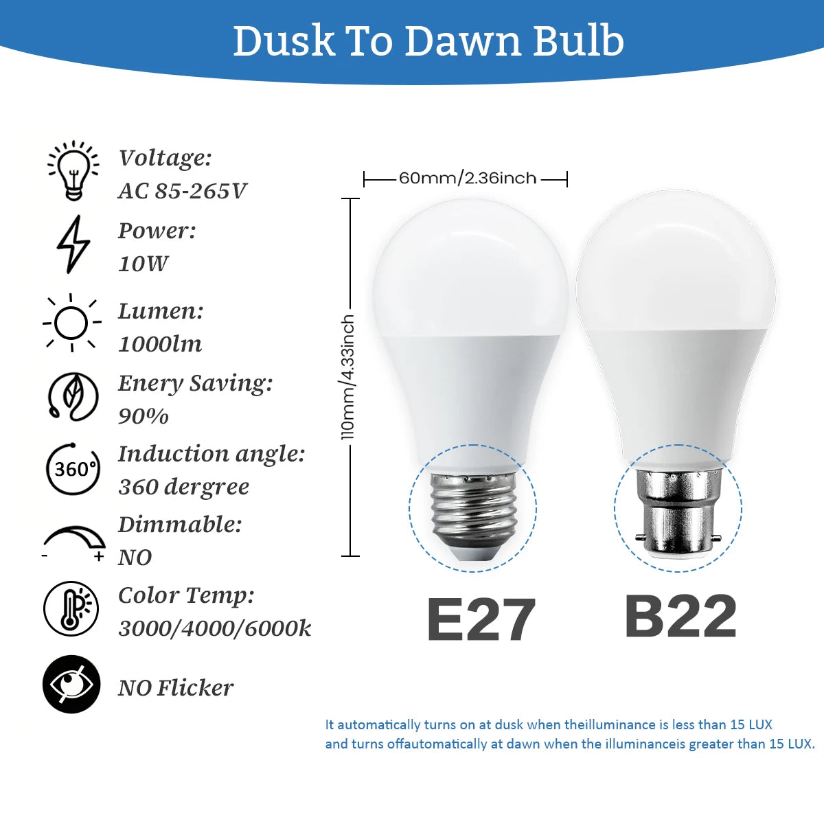 2Pack Led Sensor Control Bulb B22 E27  Bulb Light Dusk To Down AC100-240V 1000lm 10W 3000K-6000K for Underground Garage Corridor