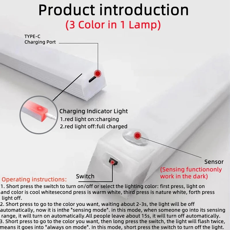 Motion Sensor Bar Light Type C Rechargeable Light LED Magnetic Attraction Night Light for Kitchen Bedside Wardrobe Bookcase