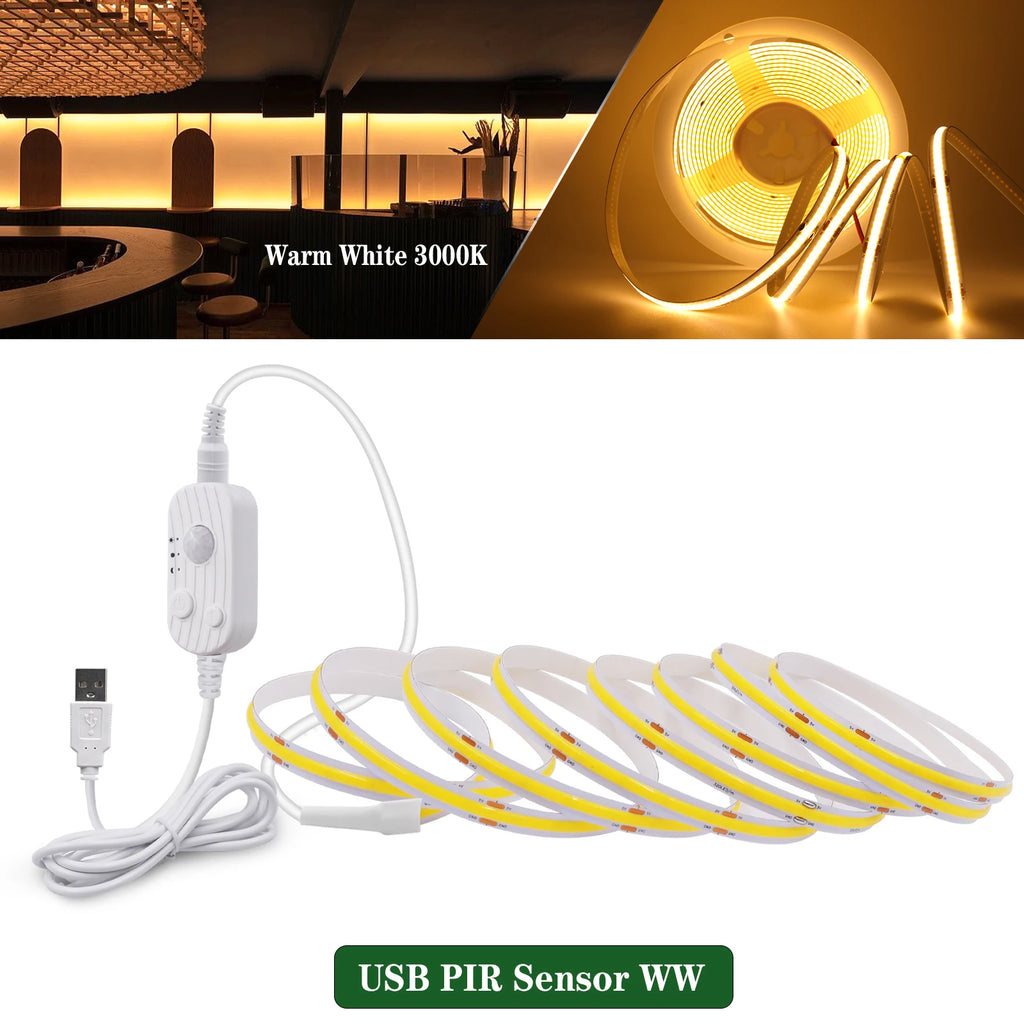3MM 5MM 8MM COB LED Light Strip 5V 320LEDs PIR Motion Sensor Flexible Night Light USB/AAA Battery Powered Tape 3000K 4000K 6000K