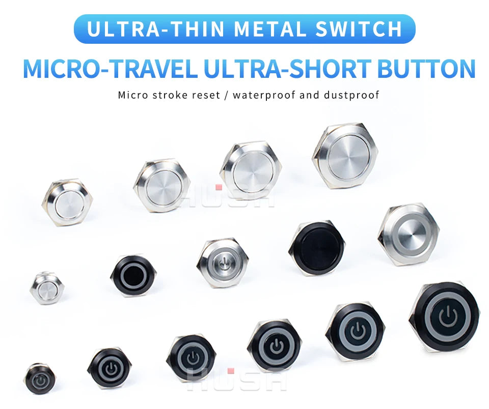 16/19/22/25/30mm With wires Short Stroke Waterproof Metal Push Button Switch 1NO Momentary Self Reset Power Led Light 12-24V/5V