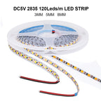 5V 2835 LED Strip Light 3mm 5mm 8mm PCB Width 120Leds/m Flexible LED Tape Ribbon Diode USB/2PIN Wire Led Lights for Room Decor