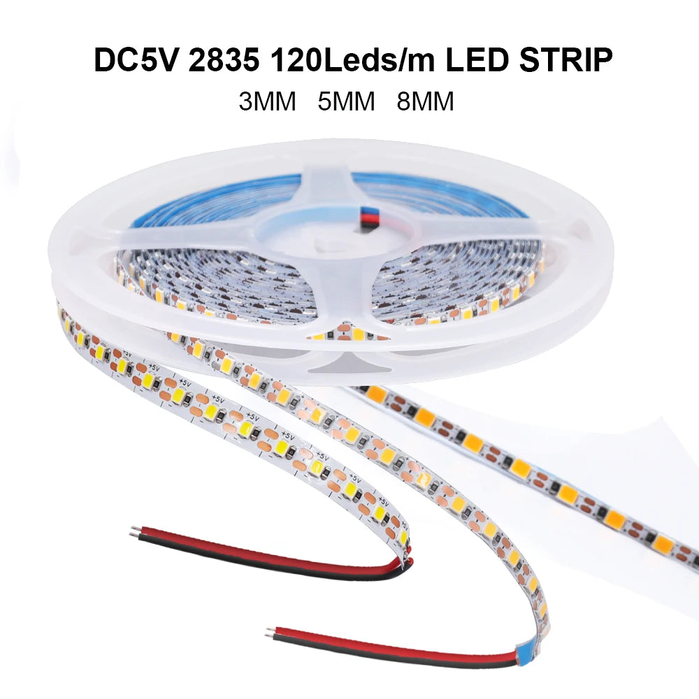 5V 2835 LED Strip Light 3mm 5mm 8mm PCB Width 120Leds/m Flexible LED Tape Ribbon Diode USB/2PIN Wire Led Lights for Room Decor